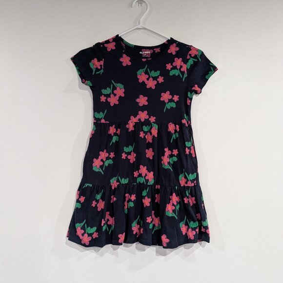 Old Navy Floral Layered Ruffle Tier Dress Navy Blue Pink Size Medium Size 8 - Picture 1 of 4